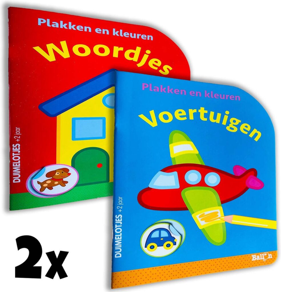 Duimelotjes - Voertuigen & Woordjes - Plakken en Kleuren - 2 kleur- en stickerboeken